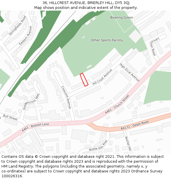 36, HILLCREST AVENUE, BRIERLEY HILL, DY5 3QJ: Location map and indicative extent of plot