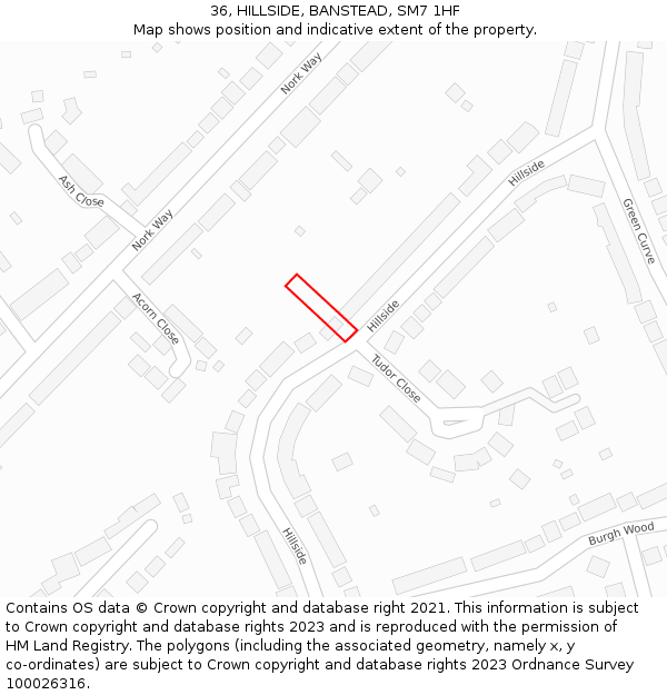36, HILLSIDE, BANSTEAD, SM7 1HF: Location map and indicative extent of plot
