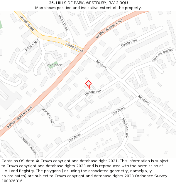 36, HILLSIDE PARK, WESTBURY, BA13 3QU: Location map and indicative extent of plot