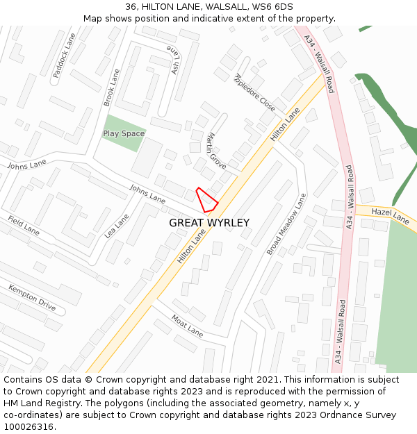 36, HILTON LANE, WALSALL, WS6 6DS: Location map and indicative extent of plot