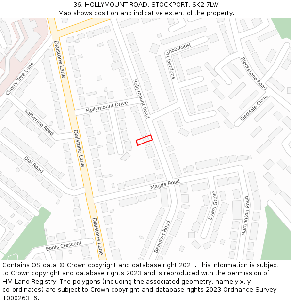 36, HOLLYMOUNT ROAD, STOCKPORT, SK2 7LW: Location map and indicative extent of plot