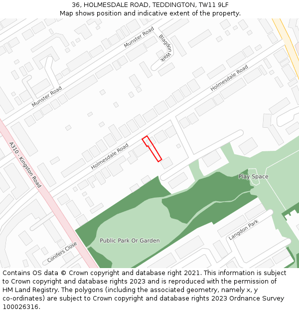 36, HOLMESDALE ROAD, TEDDINGTON, TW11 9LF: Location map and indicative extent of plot