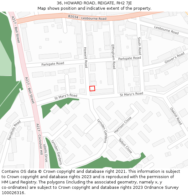 36, HOWARD ROAD, REIGATE, RH2 7JE: Location map and indicative extent of plot