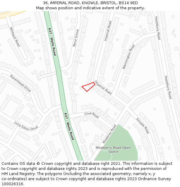 36, IMPERIAL ROAD, KNOWLE, BRISTOL, BS14 9ED: Location map and indicative extent of plot