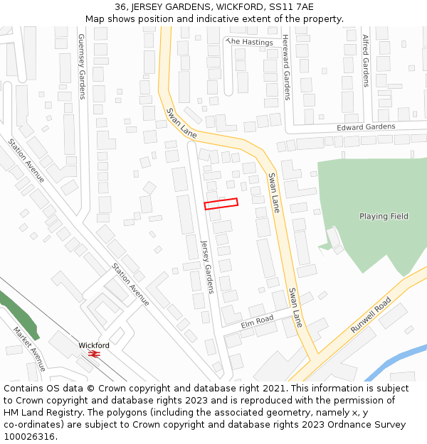 36, JERSEY GARDENS, WICKFORD, SS11 7AE: Location map and indicative extent of plot