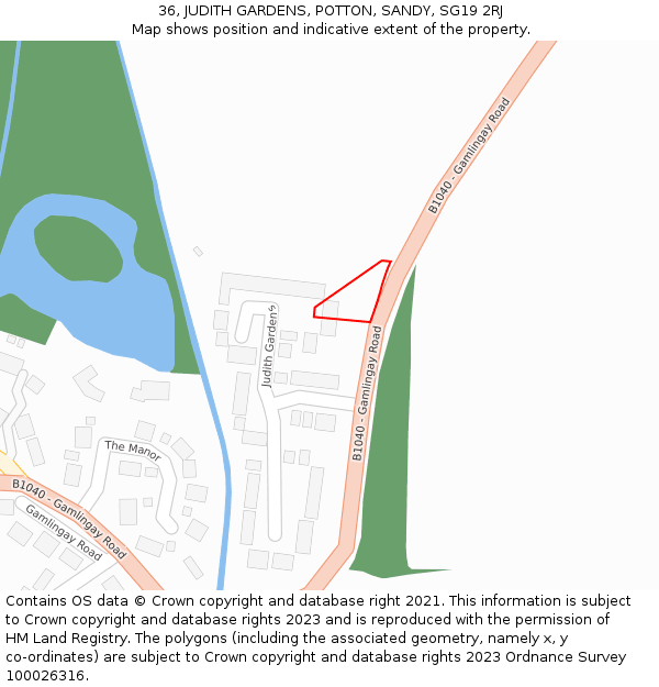 36, JUDITH GARDENS, POTTON, SANDY, SG19 2RJ: Location map and indicative extent of plot