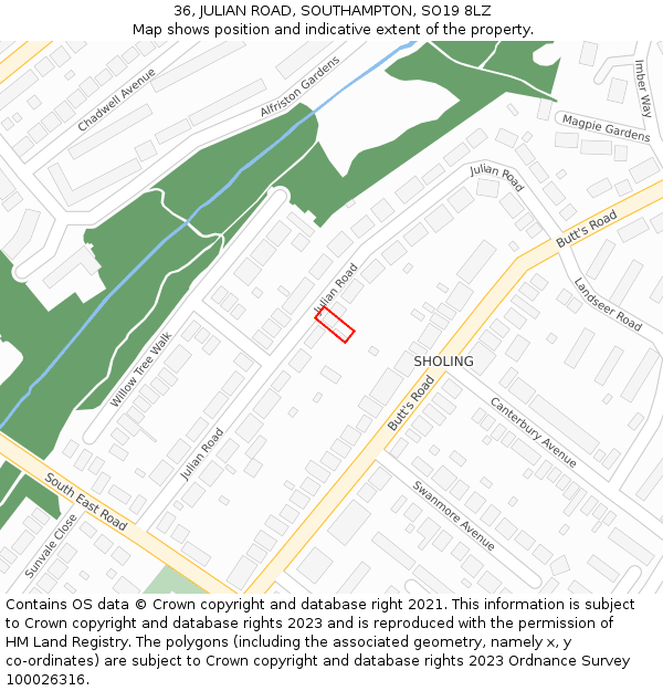 36, JULIAN ROAD, SOUTHAMPTON, SO19 8LZ: Location map and indicative extent of plot