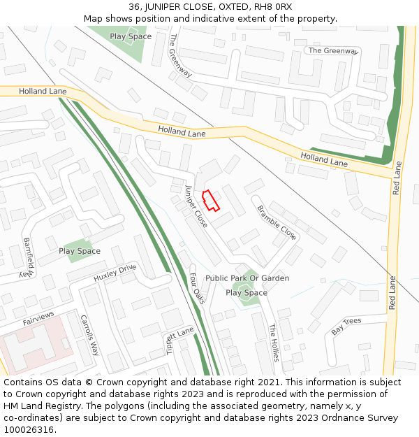 36, JUNIPER CLOSE, OXTED, RH8 0RX: Location map and indicative extent of plot
