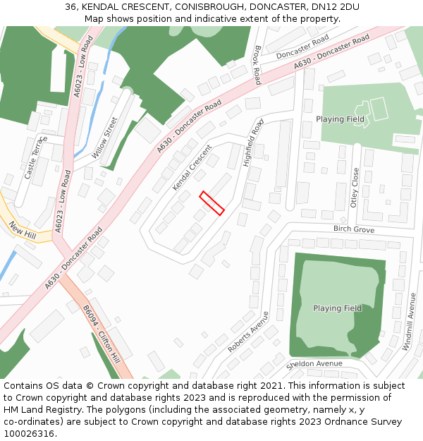 36, KENDAL CRESCENT, CONISBROUGH, DONCASTER, DN12 2DU: Location map and indicative extent of plot