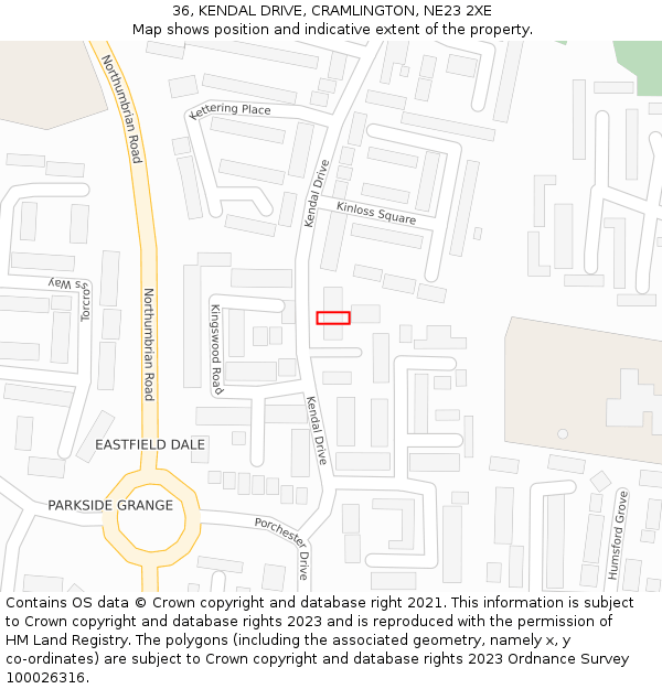 36, KENDAL DRIVE, CRAMLINGTON, NE23 2XE: Location map and indicative extent of plot