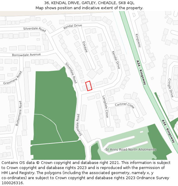 36, KENDAL DRIVE, GATLEY, CHEADLE, SK8 4QL: Location map and indicative extent of plot