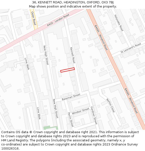 36, KENNETT ROAD, HEADINGTON, OXFORD, OX3 7BJ: Location map and indicative extent of plot