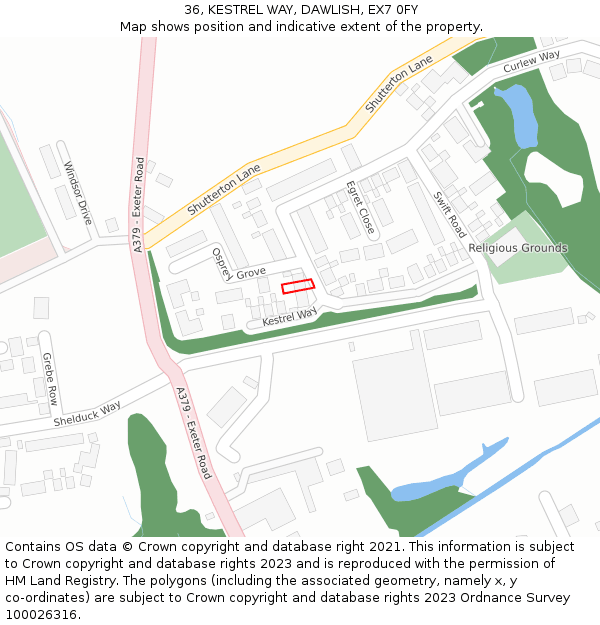 36, KESTREL WAY, DAWLISH, EX7 0FY: Location map and indicative extent of plot