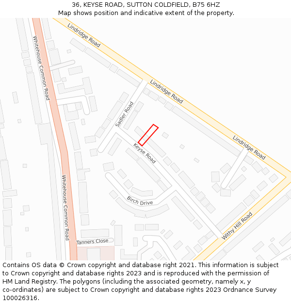 36, KEYSE ROAD, SUTTON COLDFIELD, B75 6HZ: Location map and indicative extent of plot