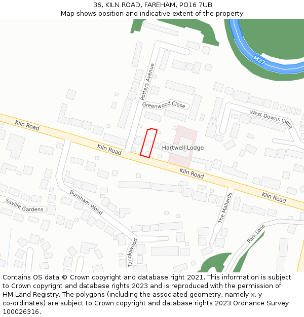 36, KILN ROAD, FAREHAM, PO16 7UB: Location map and indicative extent of plot