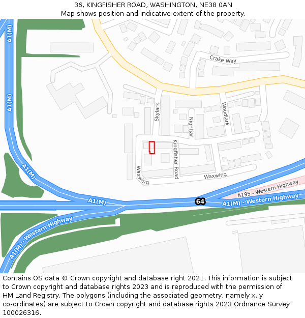 36, KINGFISHER ROAD, WASHINGTON, NE38 0AN: Location map and indicative extent of plot