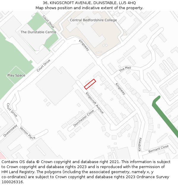 36, KINGSCROFT AVENUE, DUNSTABLE, LU5 4HQ: Location map and indicative extent of plot