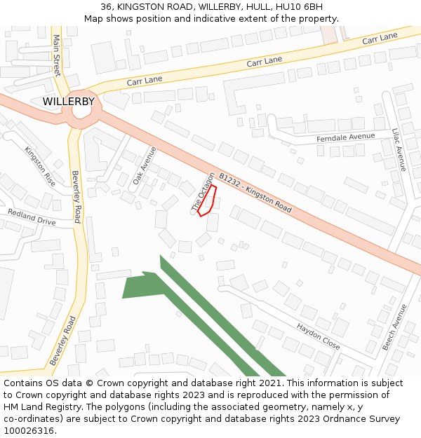 36, KINGSTON ROAD, WILLERBY, HULL, HU10 6BH: Location map and indicative extent of plot