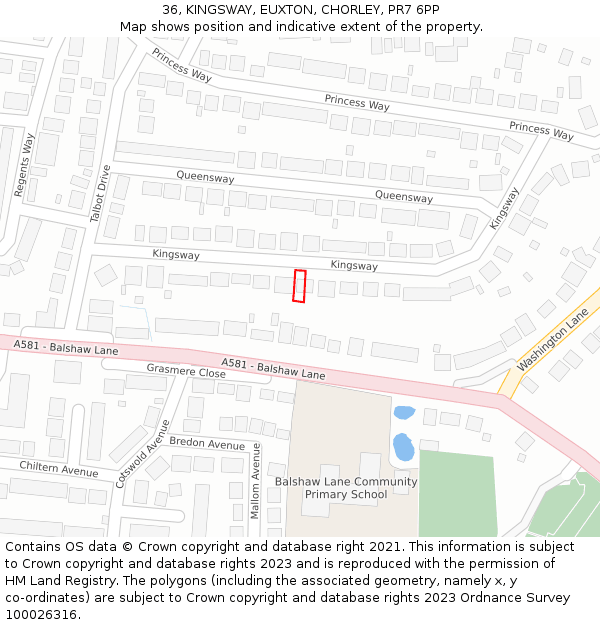 36, KINGSWAY, EUXTON, CHORLEY, PR7 6PP: Location map and indicative extent of plot
