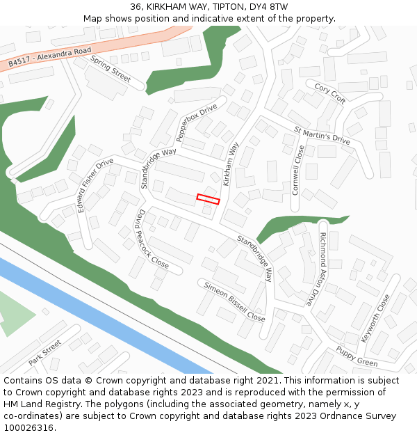 36, KIRKHAM WAY, TIPTON, DY4 8TW: Location map and indicative extent of plot