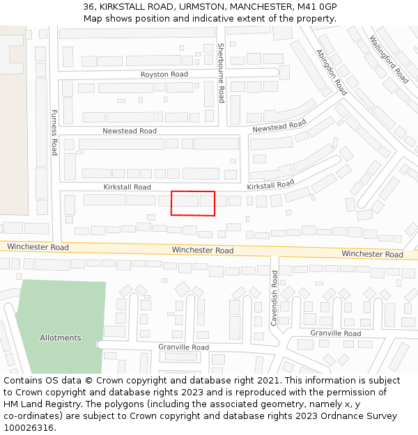 36, KIRKSTALL ROAD, URMSTON, MANCHESTER, M41 0GP: Location map and indicative extent of plot