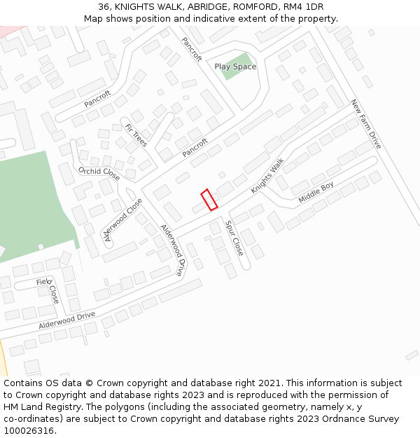 36, KNIGHTS WALK, ABRIDGE, ROMFORD, RM4 1DR: Location map and indicative extent of plot