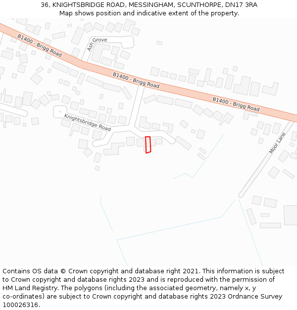 36, KNIGHTSBRIDGE ROAD, MESSINGHAM, SCUNTHORPE, DN17 3RA: Location map and indicative extent of plot