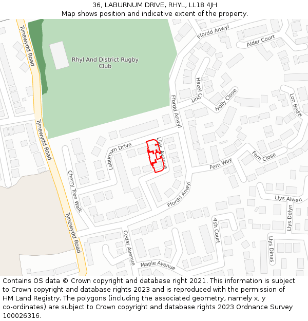 36, LABURNUM DRIVE, RHYL, LL18 4JH: Location map and indicative extent of plot