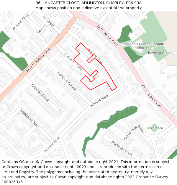 36, LANCASTER CLOSE, ADLINGTON, CHORLEY, PR6 9RA: Location map and indicative extent of plot