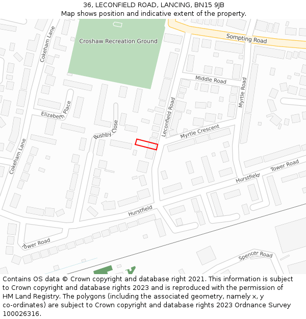 36, LECONFIELD ROAD, LANCING, BN15 9JB: Location map and indicative extent of plot