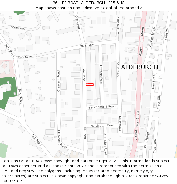 36, LEE ROAD, ALDEBURGH, IP15 5HG: Location map and indicative extent of plot