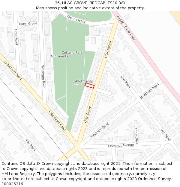 36, LILAC GROVE, REDCAR, TS10 3AY: Location map and indicative extent of plot