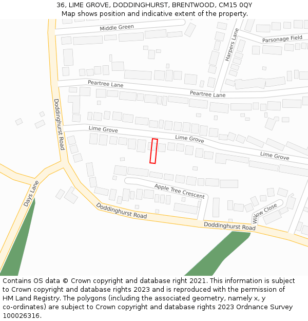 36, LIME GROVE, DODDINGHURST, BRENTWOOD, CM15 0QY: Location map and indicative extent of plot