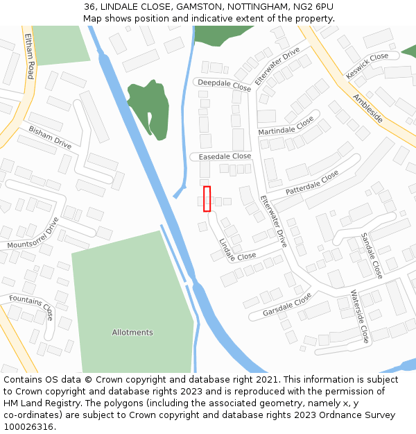 36, LINDALE CLOSE, GAMSTON, NOTTINGHAM, NG2 6PU: Location map and indicative extent of plot