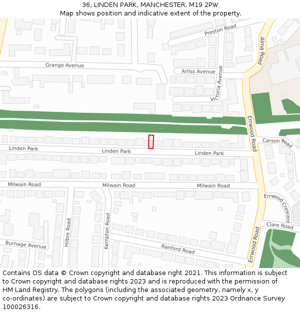 36, LINDEN PARK, MANCHESTER, M19 2PW: Location map and indicative extent of plot