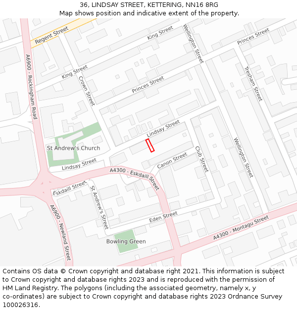 36, LINDSAY STREET, KETTERING, NN16 8RG: Location map and indicative extent of plot