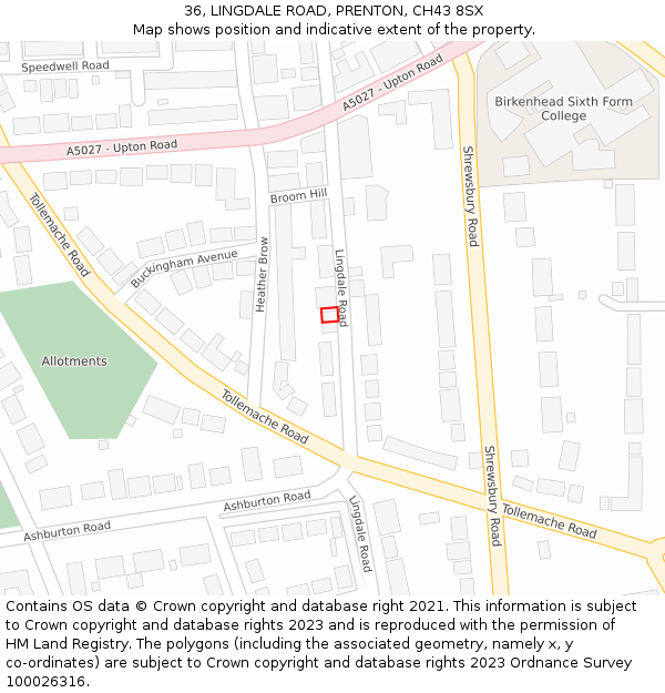 36, LINGDALE ROAD, PRENTON, CH43 8SX: Location map and indicative extent of plot