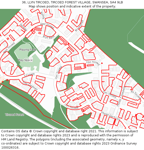 36, LLYN TIRCOED, TIRCOED FOREST VILLAGE, SWANSEA, SA4 9LB: Location map and indicative extent of plot