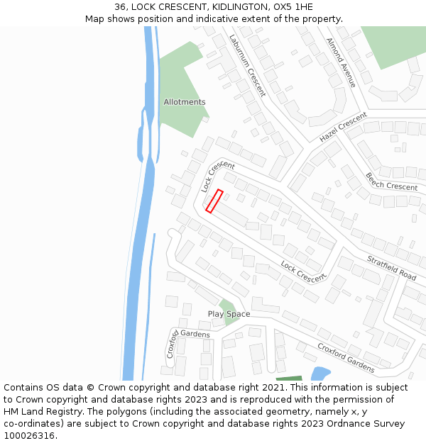 36, LOCK CRESCENT, KIDLINGTON, OX5 1HE: Location map and indicative extent of plot