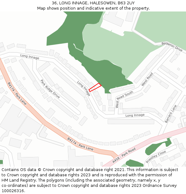 36, LONG INNAGE, HALESOWEN, B63 2UY: Location map and indicative extent of plot