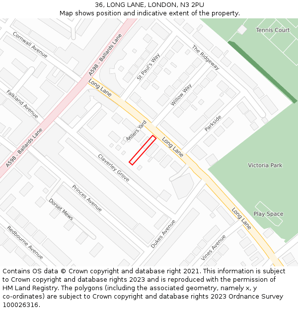36, LONG LANE, LONDON, N3 2PU: Location map and indicative extent of plot