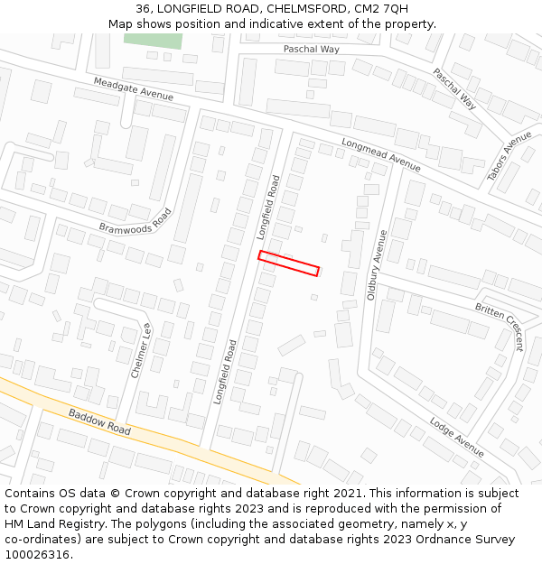 36, LONGFIELD ROAD, CHELMSFORD, CM2 7QH: Location map and indicative extent of plot