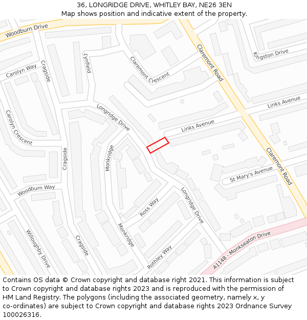 36, LONGRIDGE DRIVE, WHITLEY BAY, NE26 3EN: Location map and indicative extent of plot