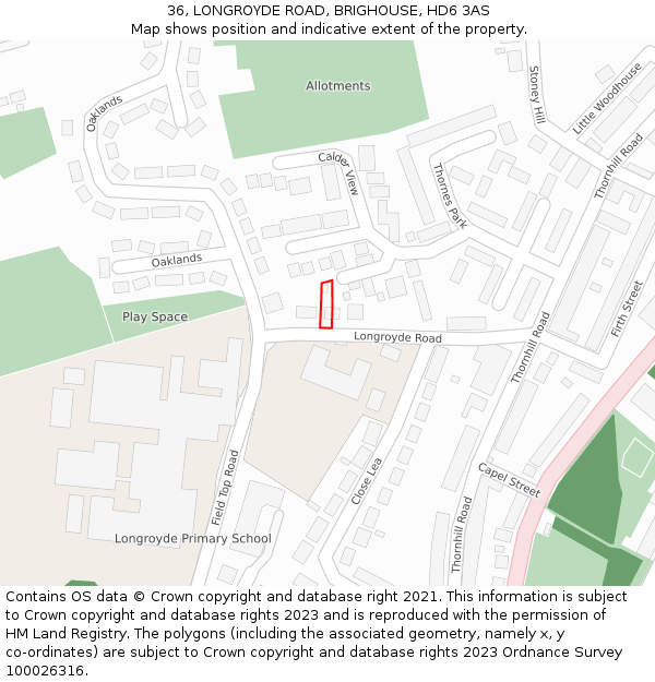 36, LONGROYDE ROAD, BRIGHOUSE, HD6 3AS: Location map and indicative extent of plot