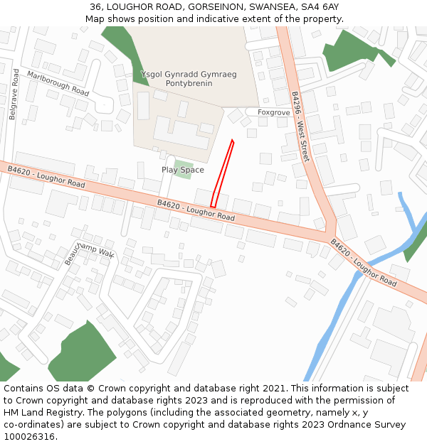 36, LOUGHOR ROAD, GORSEINON, SWANSEA, SA4 6AY: Location map and indicative extent of plot