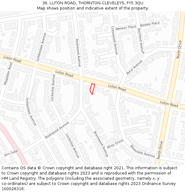 36, LUTON ROAD, THORNTON-CLEVELEYS, FY5 3QU: Location map and indicative extent of plot