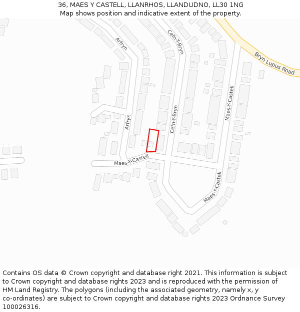 36, MAES Y CASTELL, LLANRHOS, LLANDUDNO, LL30 1NG: Location map and indicative extent of plot