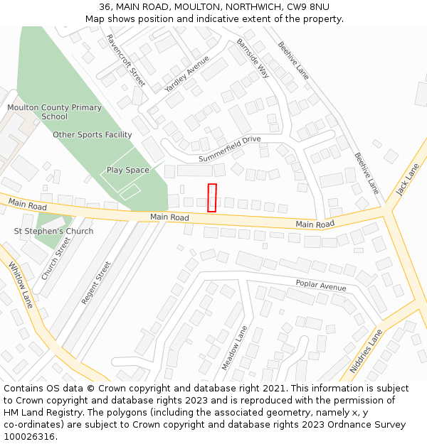 36, MAIN ROAD, MOULTON, NORTHWICH, CW9 8NU: Location map and indicative extent of plot