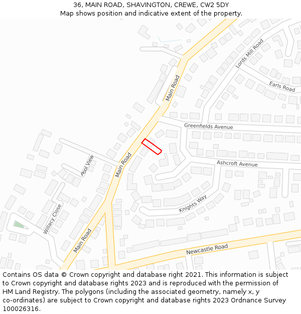 36, MAIN ROAD, SHAVINGTON, CREWE, CW2 5DY: Location map and indicative extent of plot