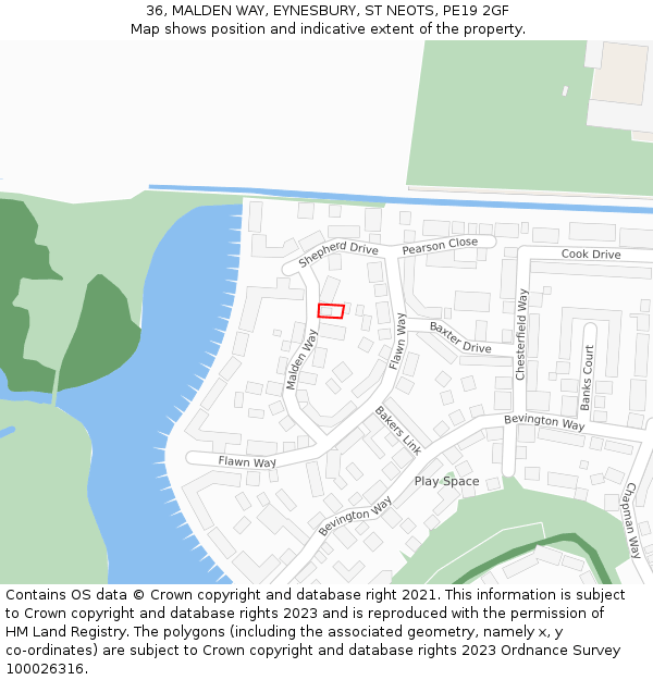 36, MALDEN WAY, EYNESBURY, ST NEOTS, PE19 2GF: Location map and indicative extent of plot